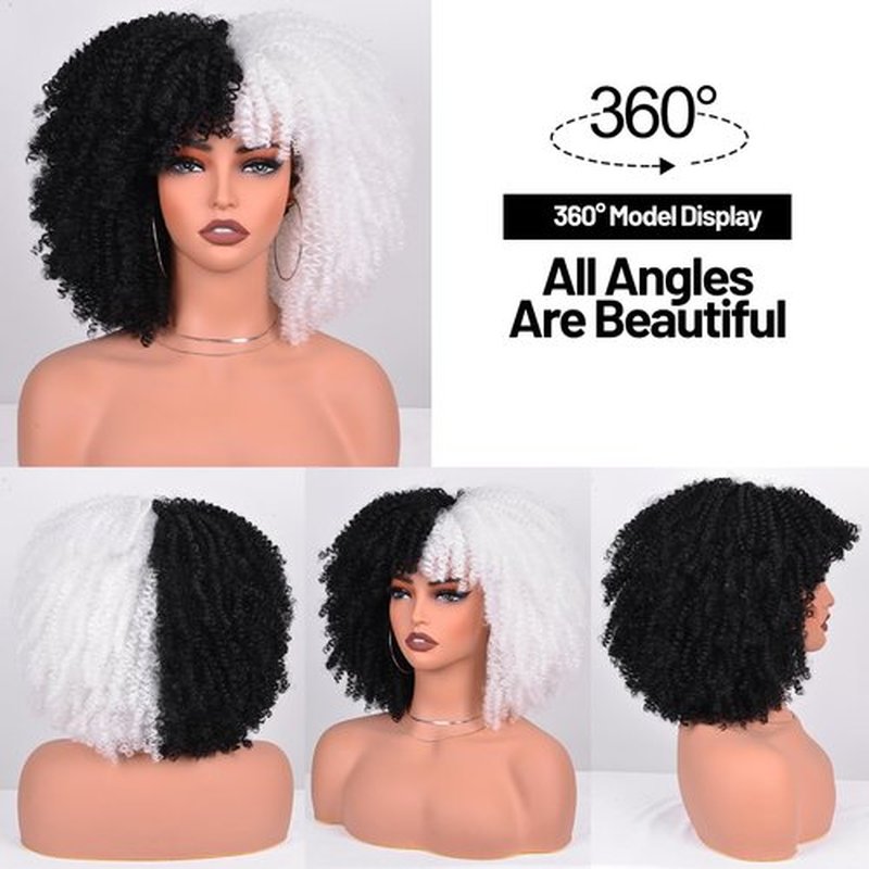 Kinky Curly Wigs with Bangs for Black Women about 280g/Piece Afro Bomb Kinky Curly Wig Heat Resistant Fluffy and Soft Synthetic Hair Wig 12 Inches (Black and White)