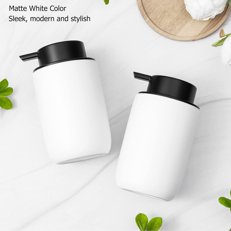 Foaming Soap Dispenser - Thick Ceramic Liquid Pump Bottle Set | 2 Pack White for Bathroom & Kitchen