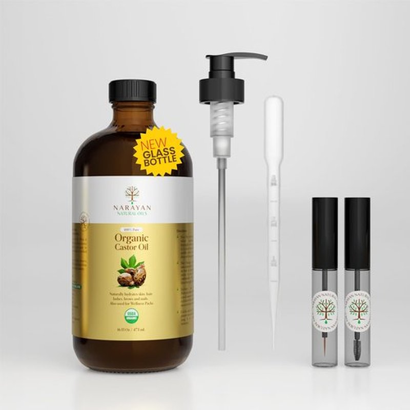Narayan Organic Castor Oil (16 Fl Oz Glass bottle) — USDA Certified Natural Hexane & Cruelty Free Cold Pressed — For Hair Growth, Eyelashes, Eyebrows & Skin — Extraordinary for Wellness Packs