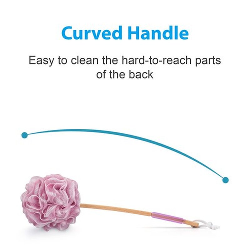 AmazerBath Shower Sponge Loofah Back Scrubber, PE Soft Mesh Loofah Body Scrubber with Long Wooden Handle, Bath Sponge for Men Women (Pink)