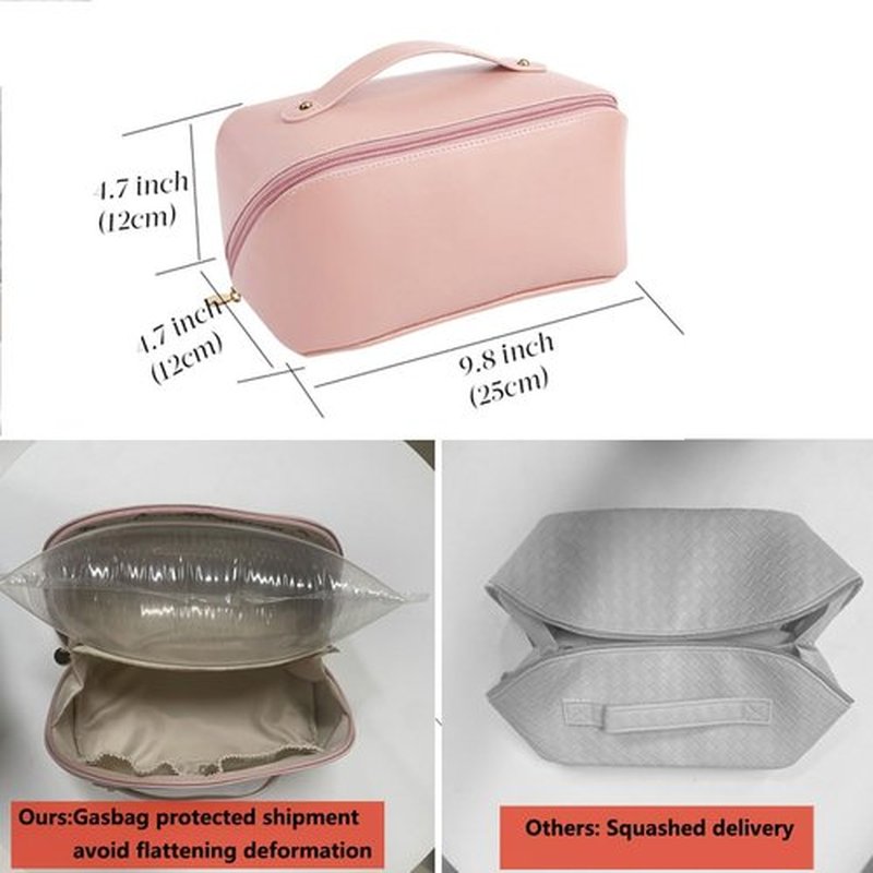 MINGRI Large Capacity Travel Cosmetic Bag for Women,Portable PU Leather Makeup Bag Water Resistant,Flat Open Multifunctional Storage Travel Toiletry Bag with Divider and Handle (Soft pink)