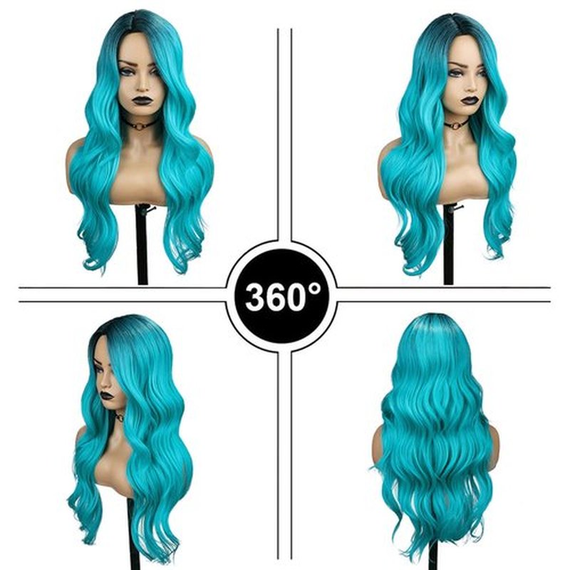 Fancy Hair Ombre Wig Bluish Light Blue Wigs Long Curly Wavy Hair Wigs 2 Tones Dark Roots Synthetic Teal Daily Party Cosplay Wigs for Women