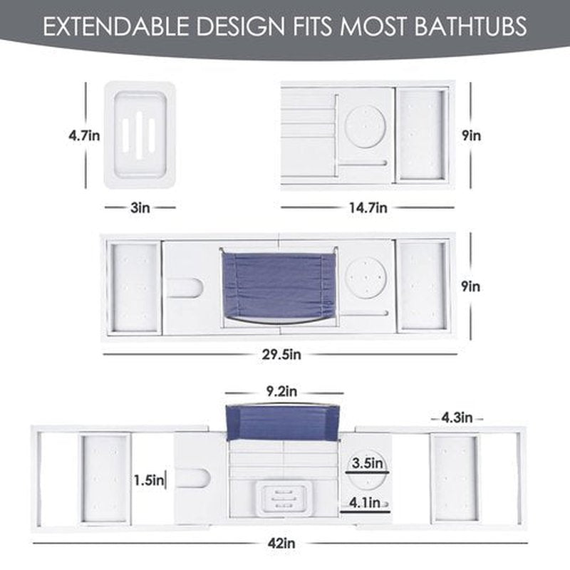 Foldable Bathtub Caddy Tray, Bamboo Bath Tub Tray Table for Tub with Wine Glass Holder Book Phone Tablet Holder with Extending Sides, Adjustable Bathroom Bathtub Free Soap Holder Gift Idea (White)
