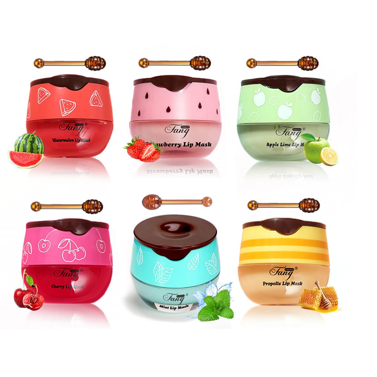 FYEBOO Fruit Lip Mask Set with Honey & Vitamin E, Moisturizing Overnight Treatment, Effective Reduces Lip Lines Prevention Dry and Cracked (6 Flavors)