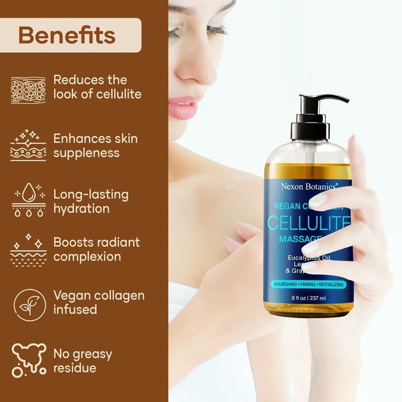 Anti-Cellulite Massage Oil - Natural Vegan Collagen & Stem Cells for Relaxation | 8 fl oz