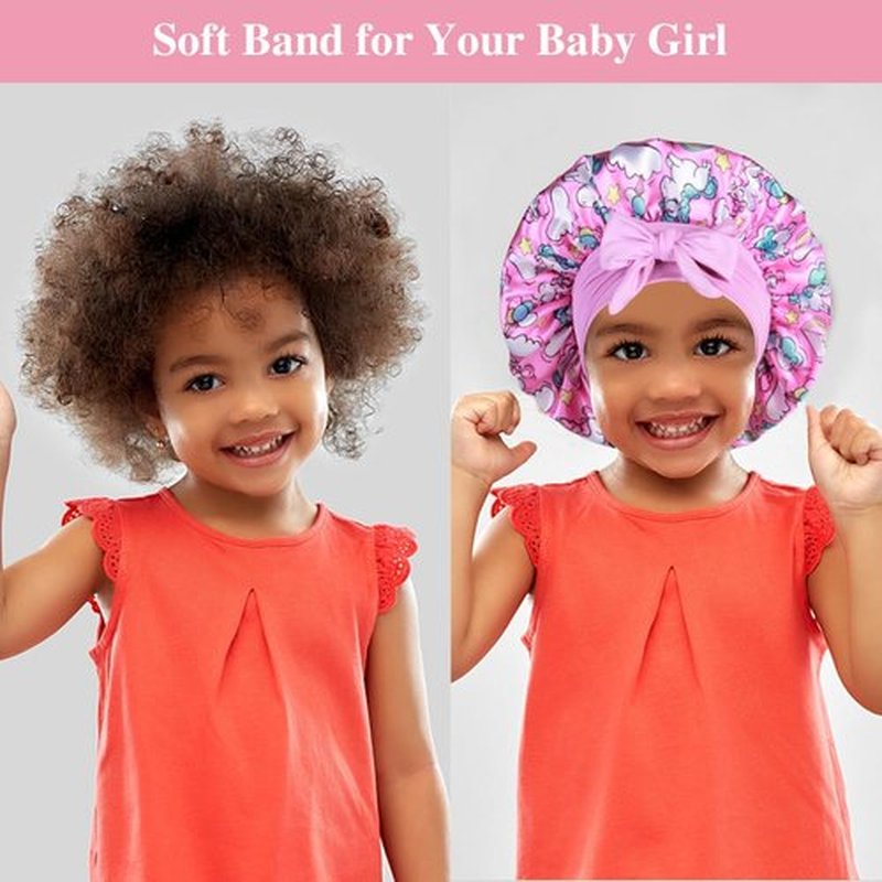 2+2 Satin Bonnets with Scrunchies for Kids, Cute Hair Bonnets for Girls Sleeping Curly Hair, E