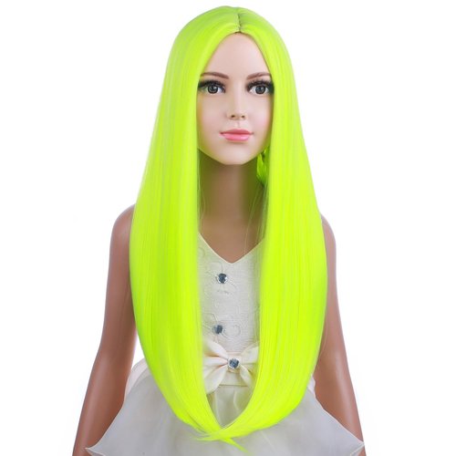 PATTNIUM Kids Green Wig Long Straight Lime Green Wig Girls Fluorescent Green Wig Neon Green Wig Middle Part Kids Long Sythetic Wigs with Wig Cap
