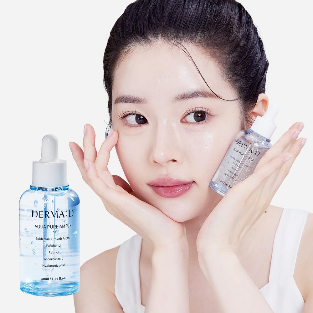 DERMA:D Lightweight Hydrating Serum for Sensitive Skin, Korean Hyaluronic Acid Ampoule with Panthenol & Retinol, Non Sticky Water Based Moisture Care, 1.69 fl oz