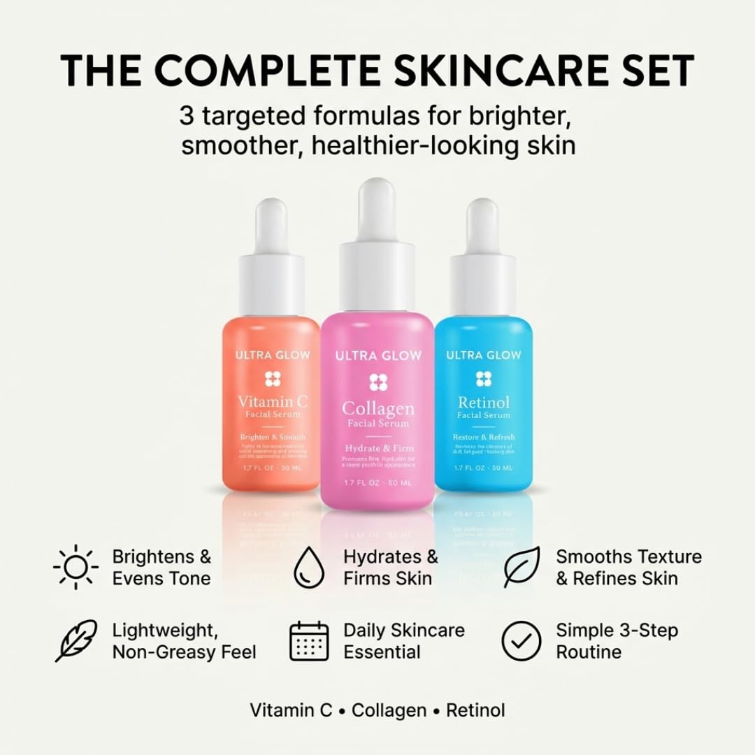 My Beauty Spot 3 Pack Facial Serums – Vitamin C Serum, Collagen & Retinol Serum for Face, Brightening & Anti Aging Face Serum for Women, Dark Spot Corrector, Hydrating Skin Care Set