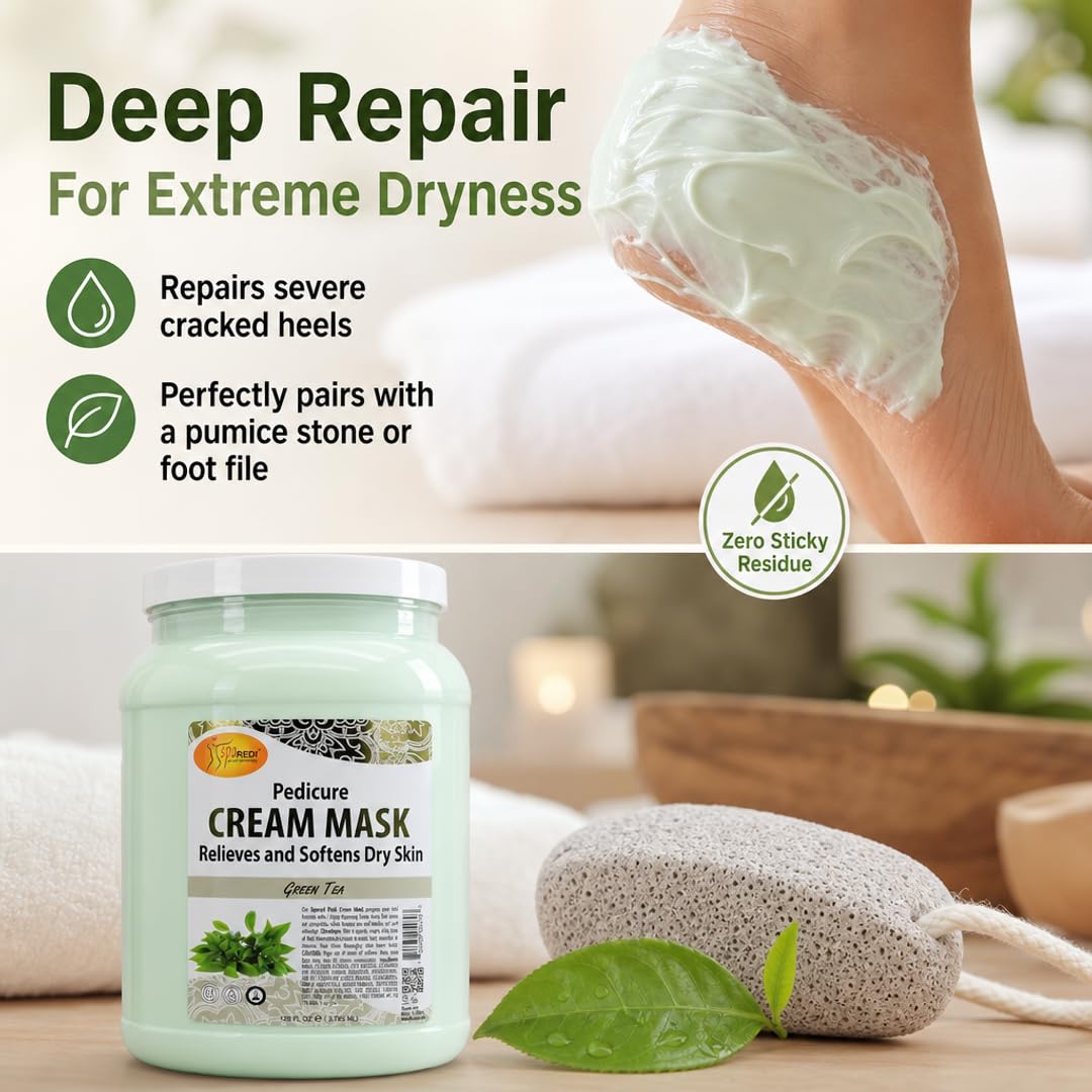 SPA REDI Green Tea Pedicure Mask – Hyaluronic Acid & Comfrey Extract Foot Mask for Cracked Heels & Dry Skin | Paraben-Free, Sulfate-Free, Cruelty-Free | Professional & At-Home Use | 128 oz