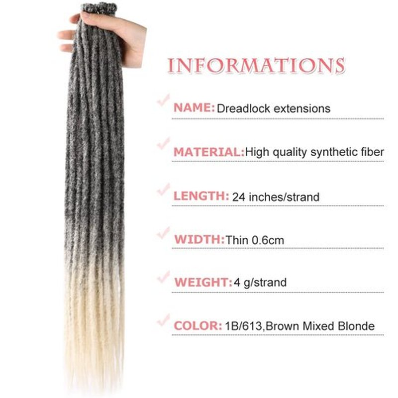 DAIRESS 24 Inch 10strands/pack Synthetic Dreadlocks Extensions Thin 0.6cm Soft Reggae Hair Hip-Hop Style Dread Extensions Long Crochet Braids For Hippie Dread locks Hair(24Inch 10strands, 1B/613)