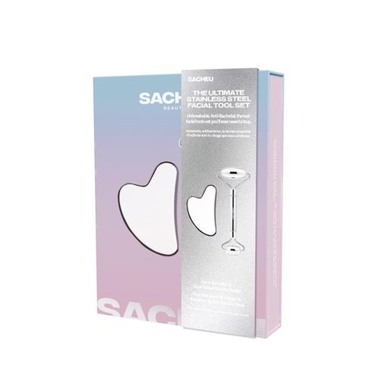 Sacheu Stainless Steel Face Roller and Gua Sha Bundle - Metal Face Roller, Metal Gua Sha, Facial Massage Tools to Reduce Puffiness, Lymphatic Drainage, Facial Tension, Skin Care Face Massagers