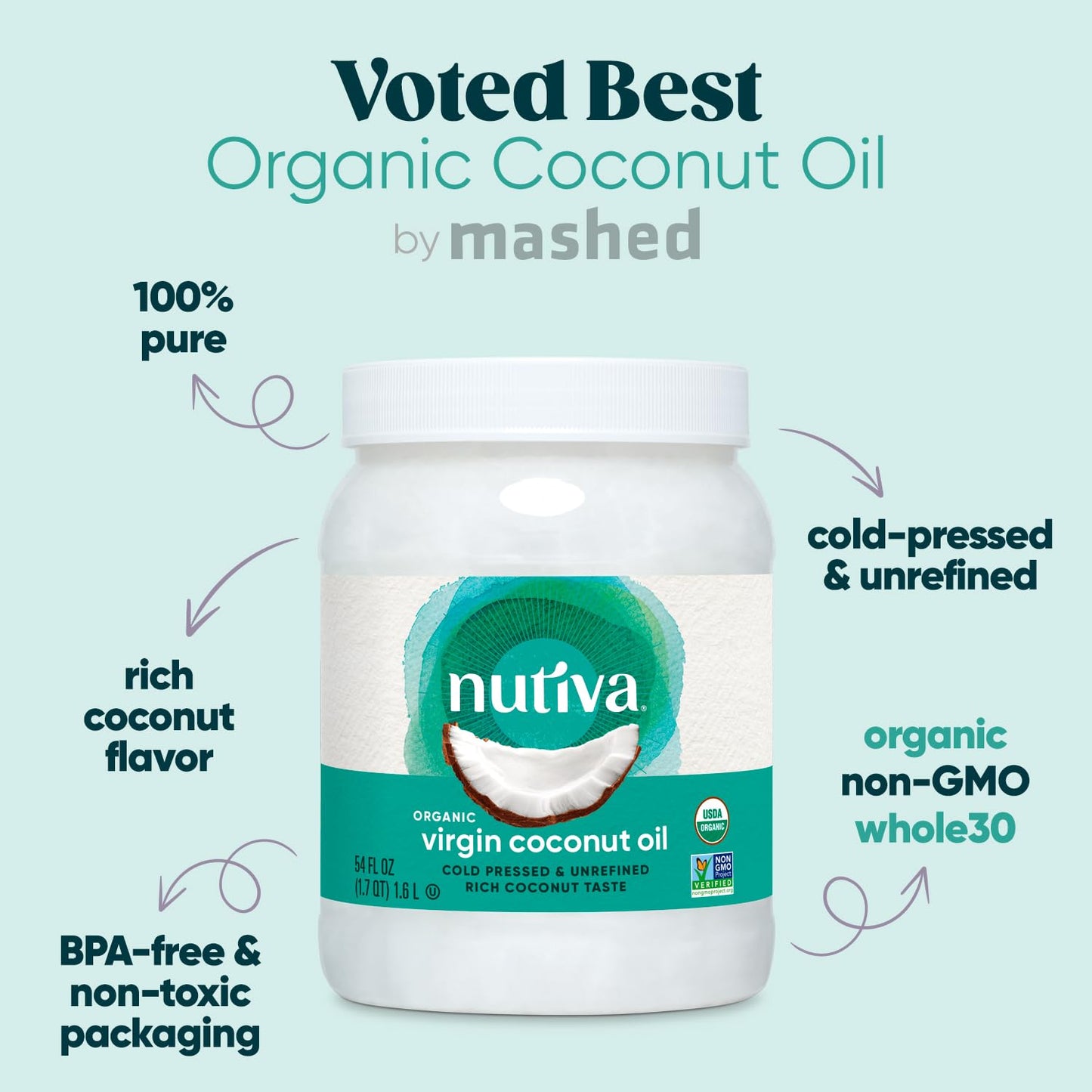 Nutiva Organic Cold-Pressed Virgin Coconut Oil, 54 Fl Oz (2 Pack) USDA Organic, Non-GMO, Whole 30 Approved, Vegan, Keto, Fresh Flavor and Aroma for Cooking & Healthy Skin and Hair