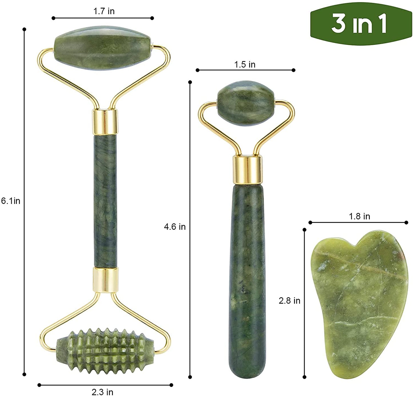 3 in 1 Jade Roller & Gua Sha Set - Natural Jade Facial Massager with Textured Roller, Anti Aging Skincare Tools for Face, Eye, Neck Massage, Promote Serum Absorption, Bester Gift for Women & Men
