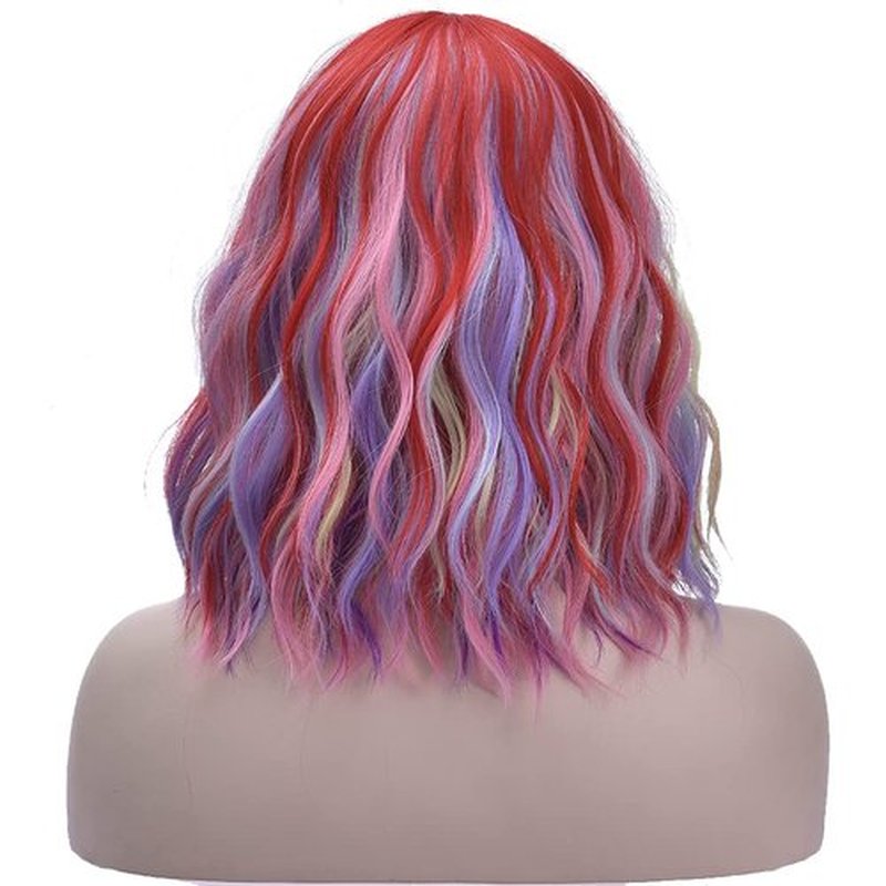 BERON 14 Inches Rainbow Wig Short Curly Wig with Bangs Synthetic Wigs Women Girls Colorful Wigs with Wig Cap