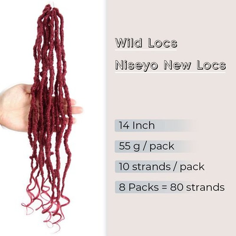 Niseyo Wild Locs 14 Inch Distressed New Faux Locs with Curly Ends 8 Packs Long Soft Pre-looped Goddess Locs Crochet Hair (118#, Burgundy)