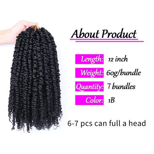 Violet Passion Twist Hair 12 Inch 7 Packs Passion Twist Crochet Hair Pretwisted Bohemian Curl Crochet Braids Synthetic Hair Extensions for Black Women (1B, 12 Inch)