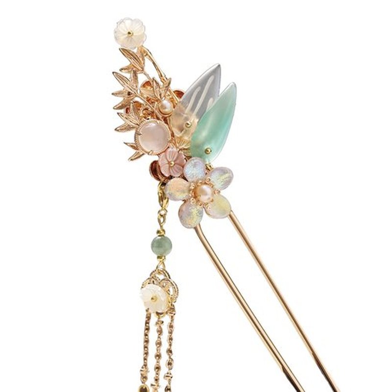Yuri Hairpin Hair Clasp Sticks Picks Pearl Shell White Crystal Long tassels Hair Accessories For Long Hair Women Wedding Hanfu Cheongsam (green bird)
