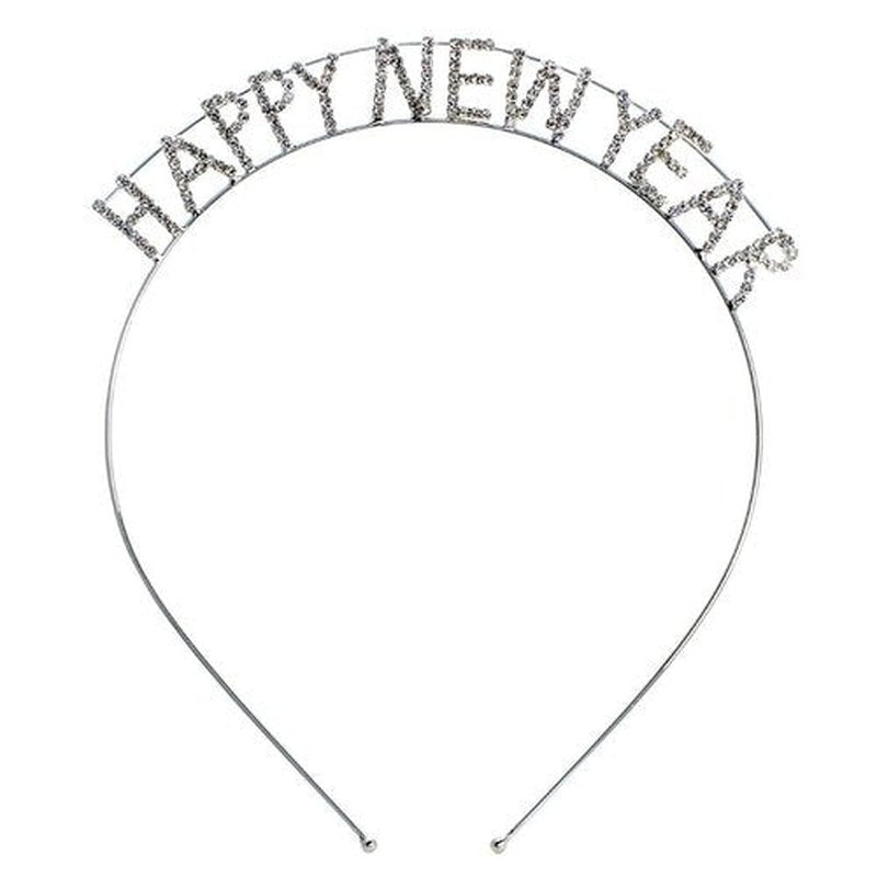 Rosemarie Collections Women's New Year's Headband With Sparkly Crystal Rhinestones Tiara Headband Decoration (Happy New Year Clear Crystal Short Silver Band)