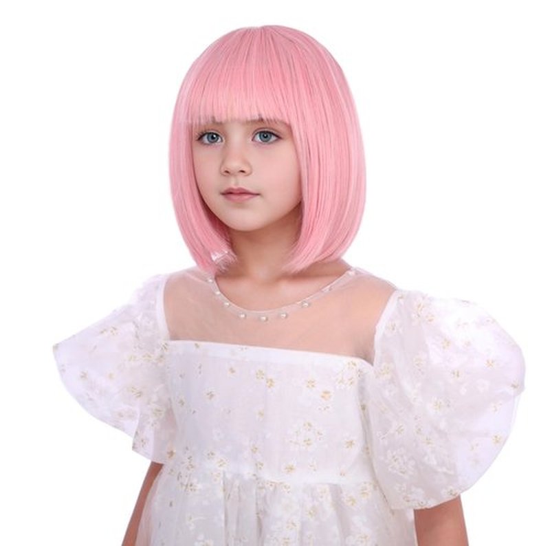 Edivd Girls Light Pink Bob Wig Kids Short Pastel Pink Bob Wig with Bangs Pink Bob Wig for Child Heat Resistant Synthetic Wig with Wig Cap