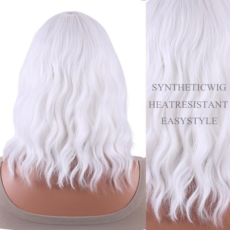 AneShe White Wig Short White Wavy Wig Curly Synthetic Hair Wig White Bob Wig with Air Bangs for Women Daily Wear Party Cosplay (14" White)