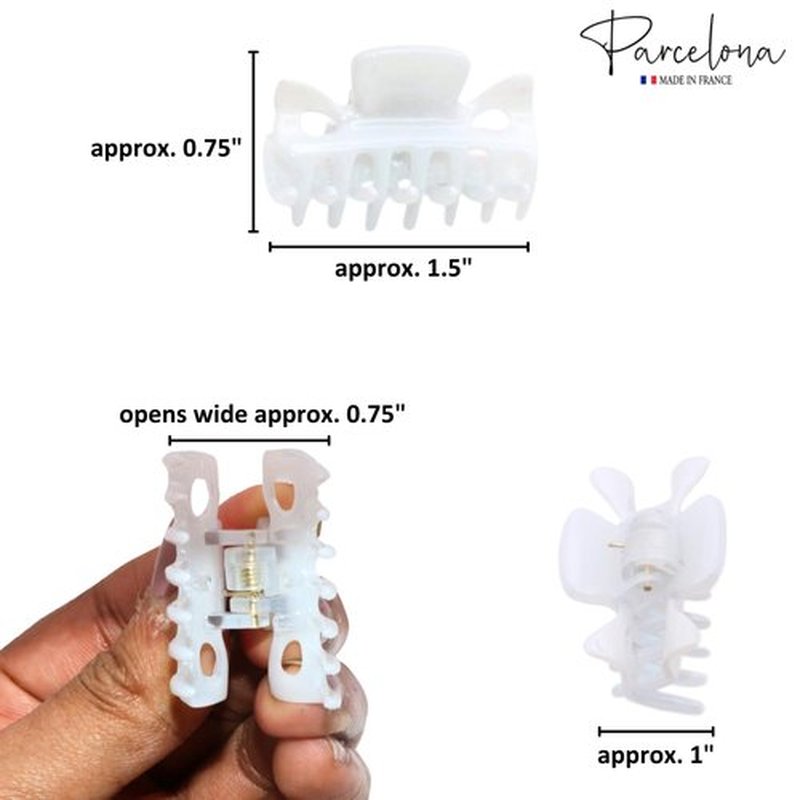 Parcelona French Classic Very Small 1 1/2" Claw Clips with Tight Spring Set of 3 Girls Hair Jaw Claw Clips Durable Styling Women Hair Accessories, Made in France (Solid White)