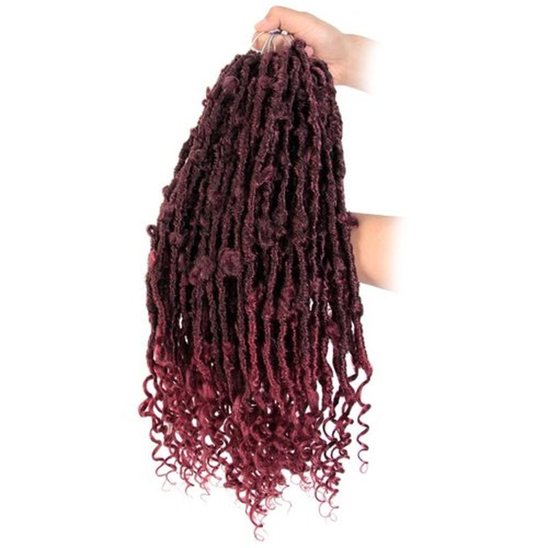 Crochet Butterfly Locs with Curly Ends 14 Inch, Boho Distressed Butterfly Locs Crochet Hair, Ombre Burgundy Bohemian Goddess Faux Butterfly Braids with Curly Ends (6 Packs, T118#)