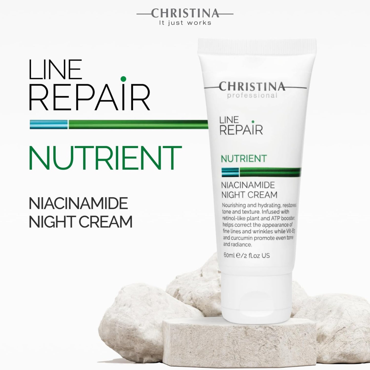 Christina Line Repair Nutrient Niacinamide Night Cream - 60ml - Vitamin B3, Plankton Algae, Glycolic and Circumin Night Moisturizer for Face - Repairing and Nourishing