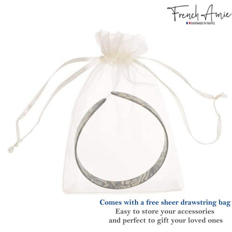 French Amie Wide 1/2" Celluloid Handmade French Hair Head bands Fashion Headbands for Women Very Flexible Strong Hold Grip Headbands Non Slip Durable Styling Girls Paris Women's Hair Accessories, Made in France (Silver Onyx Gray)