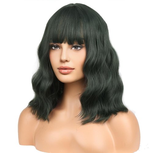BERON 14 Inches Dark Green Wig for Women Short Curly Wig Green Wig with Bangs Loose Wavy Wig for Daily or Party