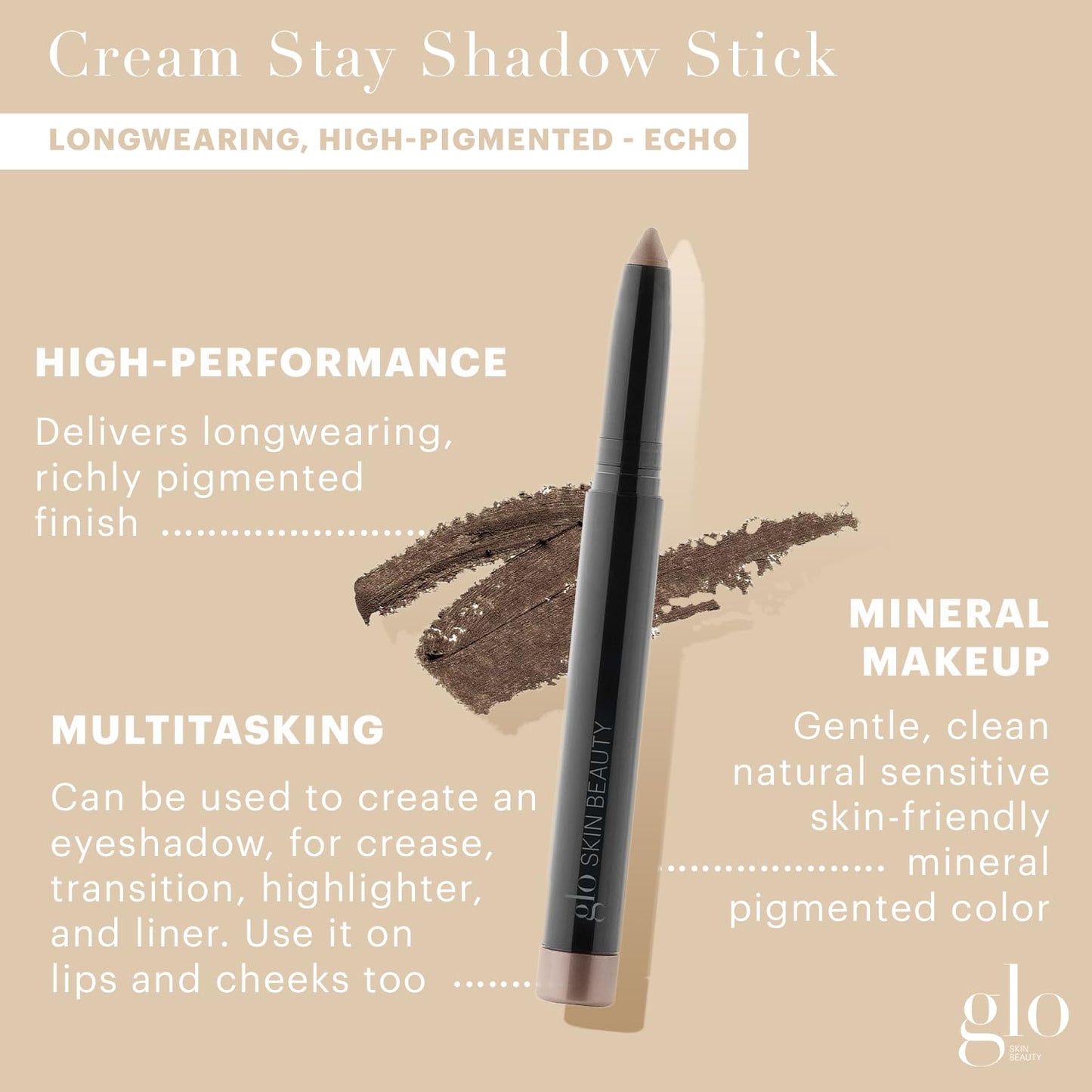 Glo Skin Beauty Cream Stay Shadow Stick (Beam) - Multi-Purpose Eyeshadow Mineral Makeup Can Also Be Used as Liner on Lips or Cheeks, 12-Hours of Wear