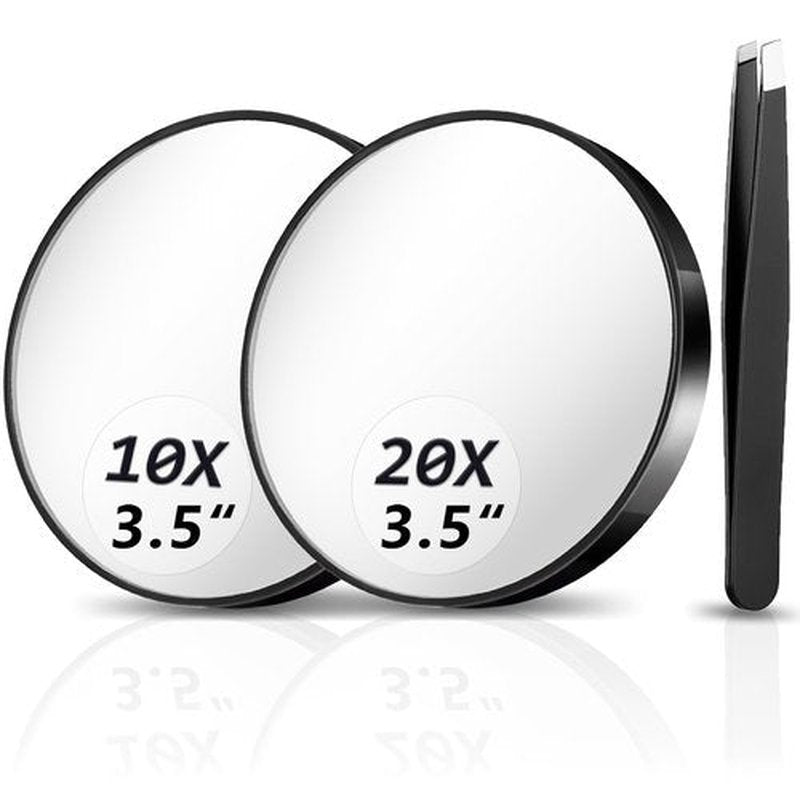 Magnifying Mirror 10X&20X Set, Magnified Mirror 3.5" with Two Suction Cups and Tweezers, Travel Magnifying Mirror Set Comes with Portable Storage Bag, Compact Small Magnifying Mirror for Travel(Black)