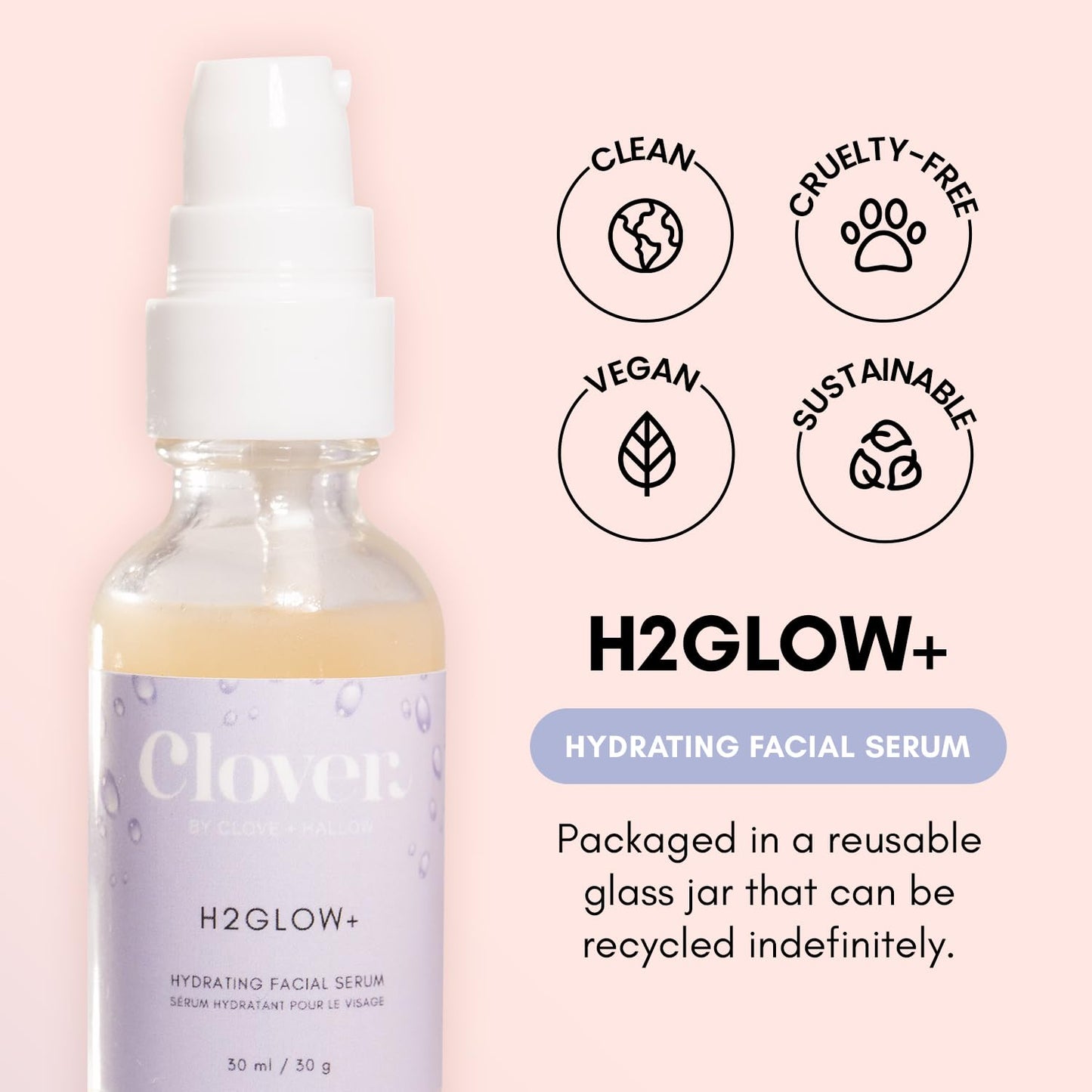 Clover H2Glow+ Hydrating Antioxidant Serum | Deep Moisturizing Anti-Aging Facial Serum | Hydrate Layers of Dry Skin, Plump, and Smooth Fine Lines | Cruelty-Free & Vegan - 1 oz (30 ml)