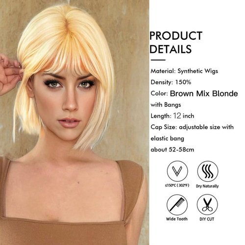 Tangyaoyusun 12Inch Brown Mix Blonde Wig with Bang Short Straight Bob Hair For Girls Women Theme Party(Blonde)