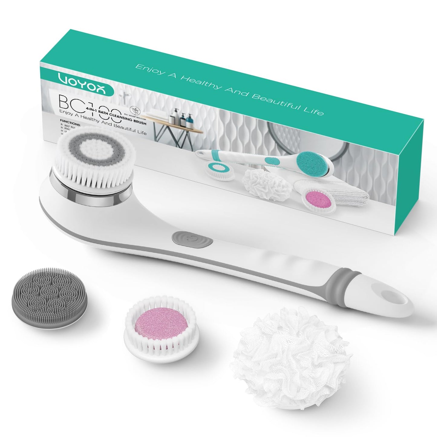 VOYOR Electric Body Brush Back Scrubber for Shower Rechargeable Exfoliating Bath Brush Powered Shower Brush with Non-Slip Long Handle Deep Cleansing, Exfoliation, Massaging Spin Brush BC100 (Grey)