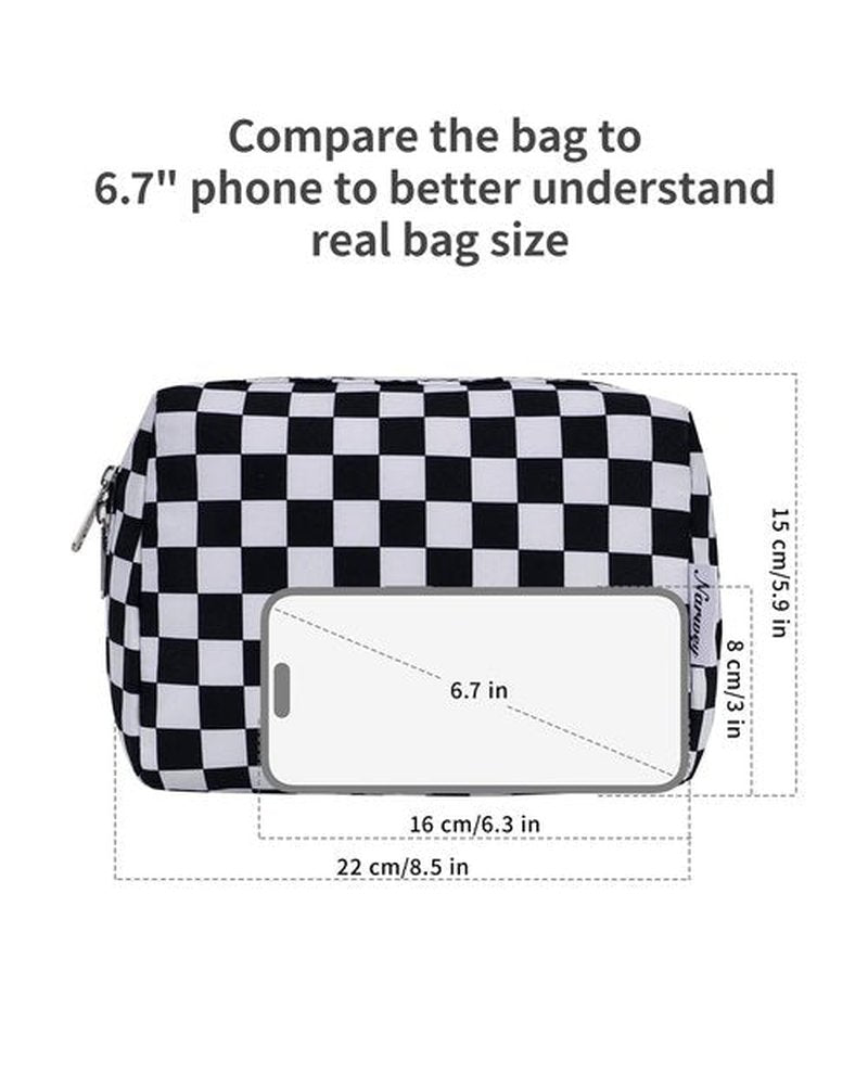 Narwey Large Checkered Makeup Bag Zipper Pouch Travel Cosmetic Bag Organizer for Women (Large, Black Checkerboard)