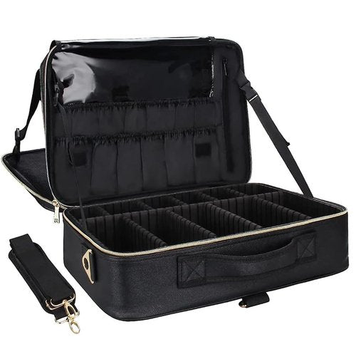 Relavel Makeup Case Large Makeup Bag Professional Train Case 16.5 inches Travel Cosmetic Organizer Brush Holder Waterproof Makeup Artist Storage Box, Large Capacity (Leather Black, Large)