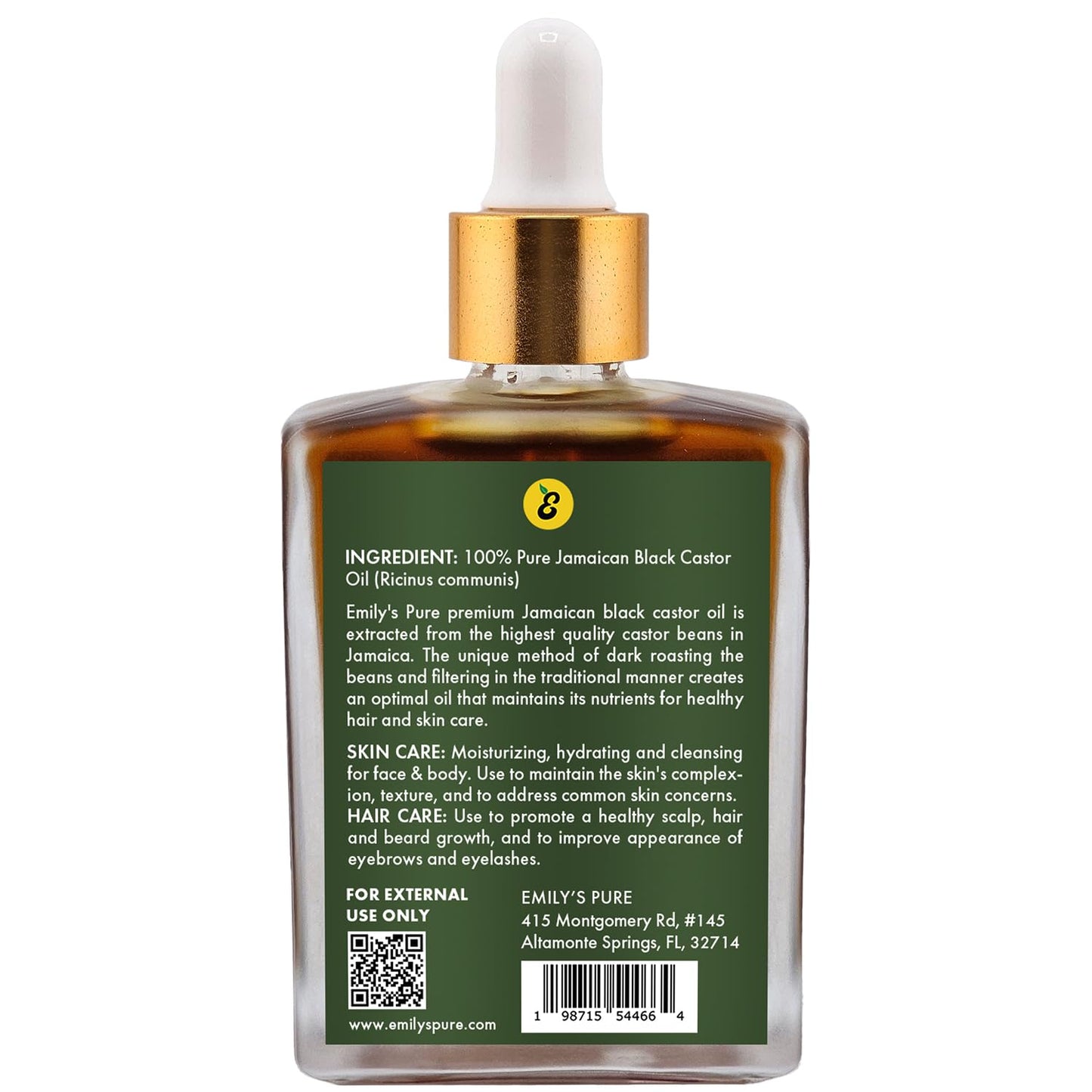 Emily's Pure Jamaican Black Castor Oil 1.6oz – 100% Pure, Authentic Fire Roasted Oil for Hair Growth Support, Scalp & Beard Care, Eyelashes & Eyebrows, Hexane Free