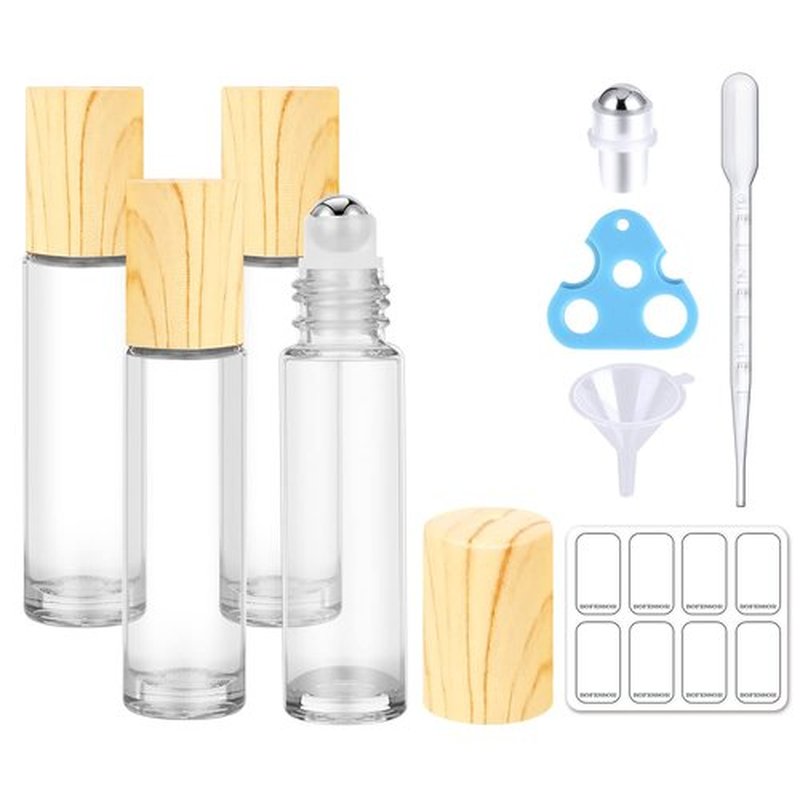 4 Pack, Essential Oil Roller Bottles, Clear Glass Roller Balls for Essential Oils, 10ml Empty Rollerball Bottles for Travel Refillable Roll on Perfume Bottles with Bamboo Plastic Caps