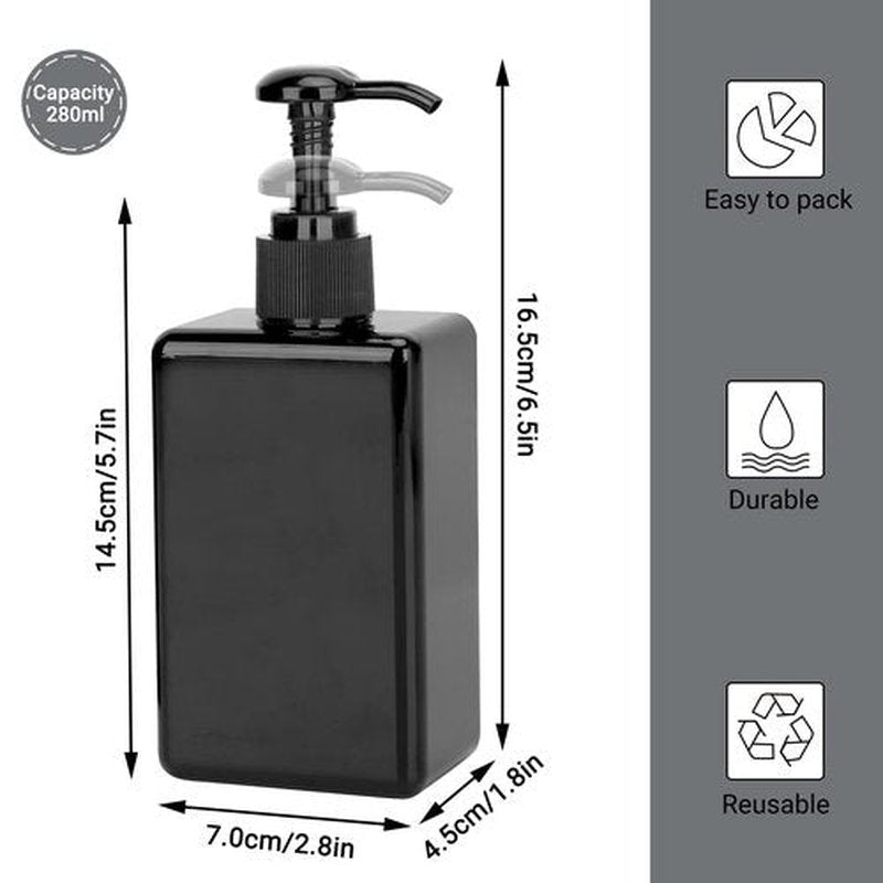 Suream Empty Shampoo Bottles with Pump, 3Pack 9.5oz/280ml Refillable Body Wash Dispensers for Shower, Black Plastic Countertop Soap Bottle for Bathroom, Kitchen Sink, Hotle, Salon