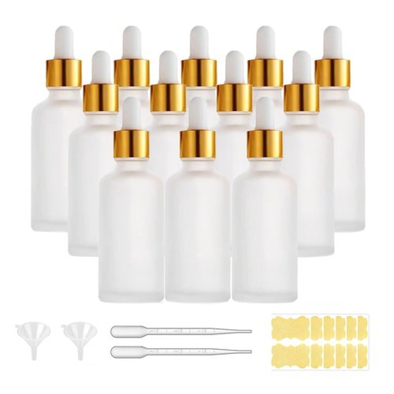 12 Pack,Clear Frosted Glass Dropper Bottle for Essential Oils,Empty Glass Liquid Holder With Glass Eye Dropper,Golden Caps Travel Perfume Cosmetic Container-Pipette&Funnel included (50ml/1.75oz)