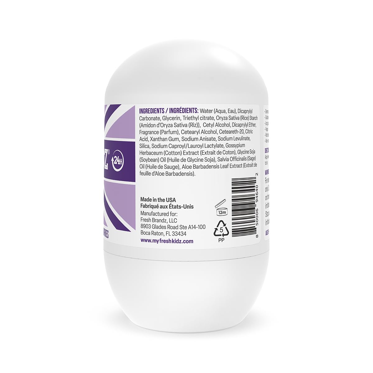 Fresh Kidz Roll On Deodorant for Kids and Teens - Baking Soda and Aluminum-free 24 Hour Protection for Sensitive Skin - Girls "Purple" 1.86 fl.oz.