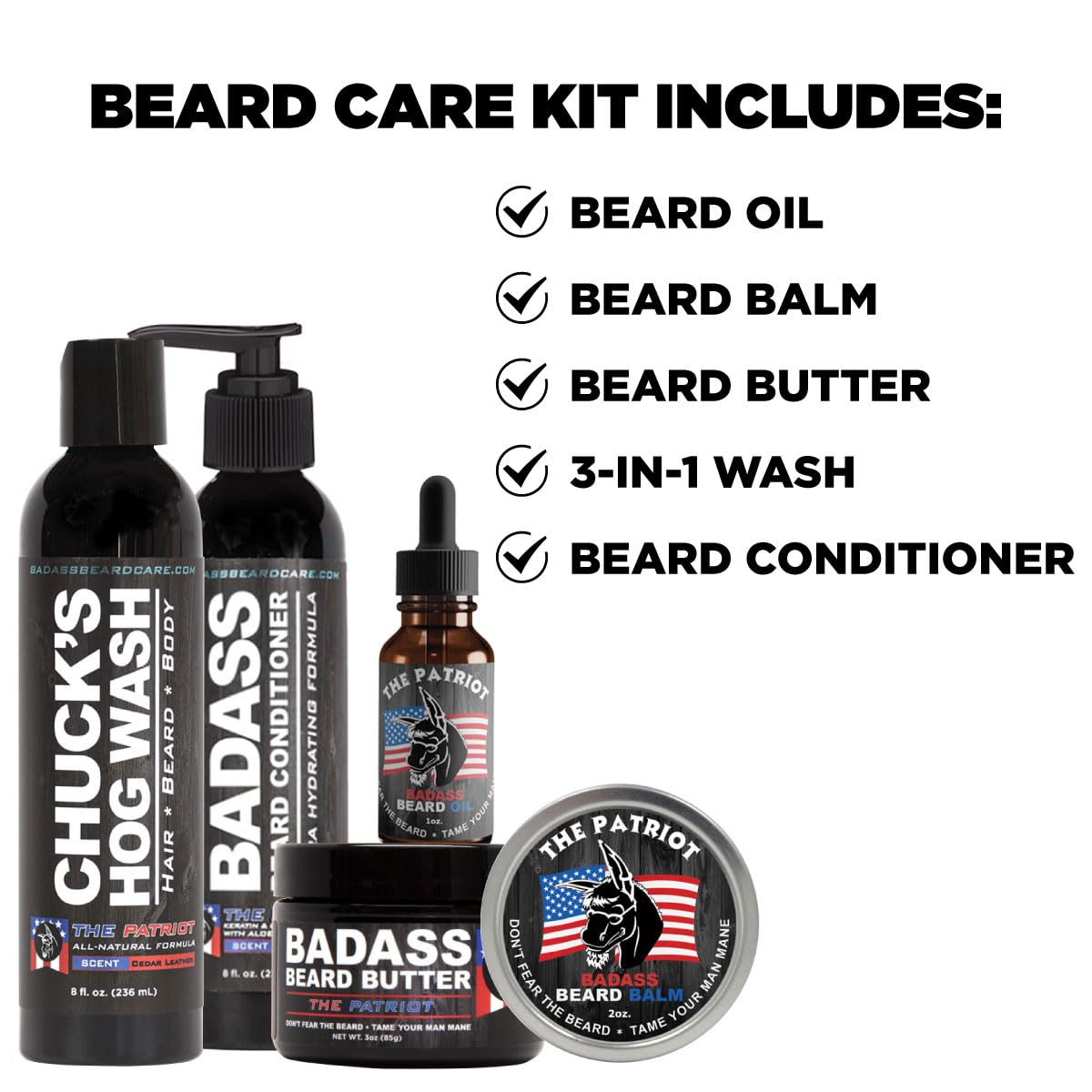 Badass Beard Care Complete Beard Care Kit - 5 Full Size Essentials - Includes Beard Oil, Beard Balm, Beard Butter, Wash and Conditioner - Promotes Fuller & Thicker Beard Growth (The Patriot)
