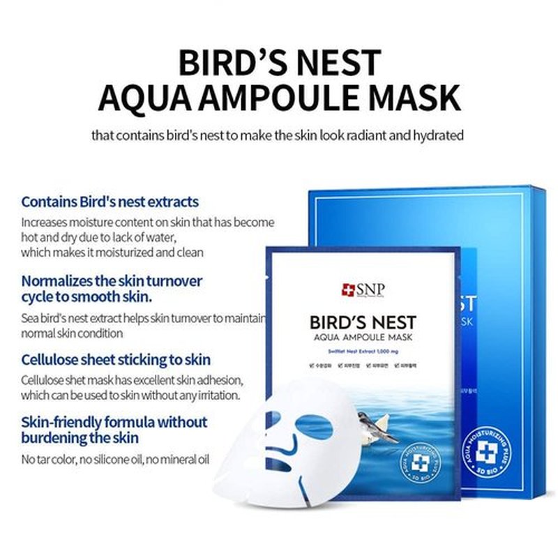 [K Beauty Snp] Bird's Nest Ampoule Sheet Mask | Hyaluronic Acid Sheet Mask | Maximum Hydration and Protection for All Dry Skin Types | Korean Skincare Facial Mask | 10 Sheets