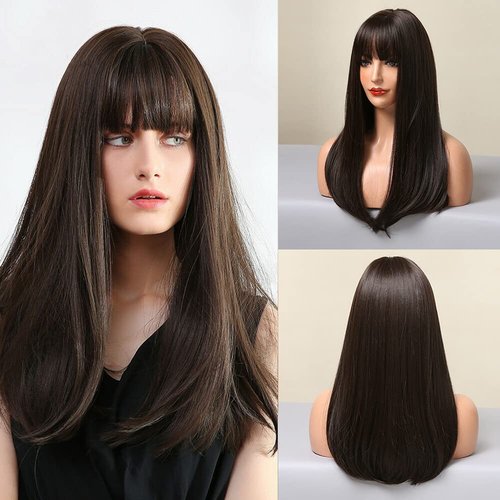 RightOn Dark Brown Wig Long Straight Wigs Deep Brown Wigs for Women Dark Brown Hair with Bangs Wig Cap Include