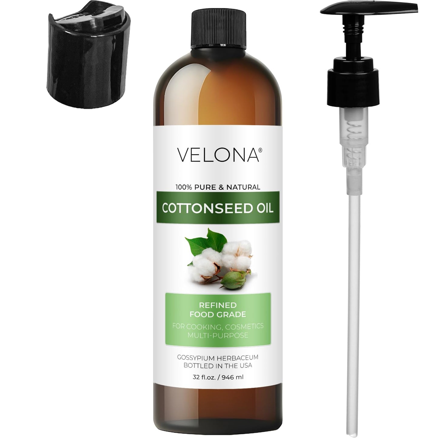 Cotton Seed Oil by Velona - 32 Fl Oz | 100% Pure and Natural Carrier Oil | Refined, Cold pressed | Cooking, Skin, Face, Body, Hair Care | Use Today - Enjoy Results