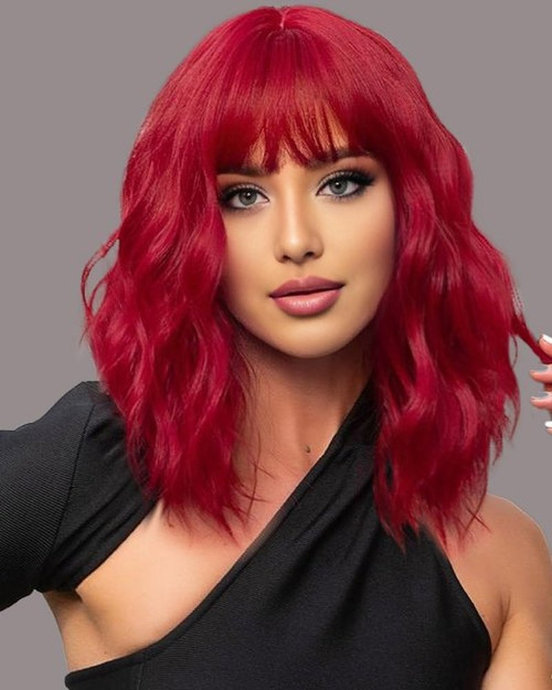 MeaYOO Red Bob Wig with Bangs for Women, Short Red Bob Wavy Wigs Shoulder Length Curly Synthetic Wig for Girls Natural Looking Heat Resistant 14 Inch Wig for Daily Party Use Colourful Cosplay Wigs