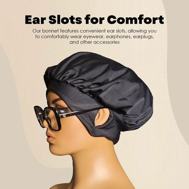 EARTWOEAR Bonnet, Hair Bonnet for Sleeping, Women Sleep Cap Hair Bonnet, Polyester/Lycra Blend Sleep Bonnet, Full Bonnet with Ear Slots (Black)