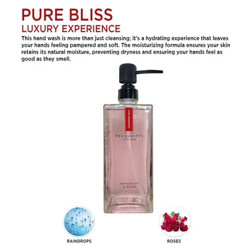 Pecksniff's Moisturizing Hand Wash - Vitamin B Enriched, Natural & Gentle Cleanser, Luxurious Hand Wash 500ml/16.9 fl oz (Glass, Raindrops & Roses)