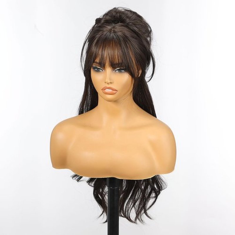 KOME Black Brown Wigs with Bangs,Brown Long Wavy Wig for Women,Long Curly Wigs Dark Roots Synthetic Hair Wig for Party Daily Use 24IN